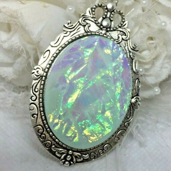 White Opal Aurora Borealis Necklace Antique Silver brooch hat pin garter wedding - Picture 2 of 6